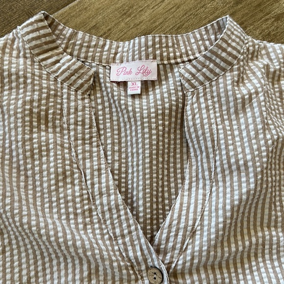 Pink Lily tan and white seersucker open neck layer prairie dress XL - Picture 3 of 10